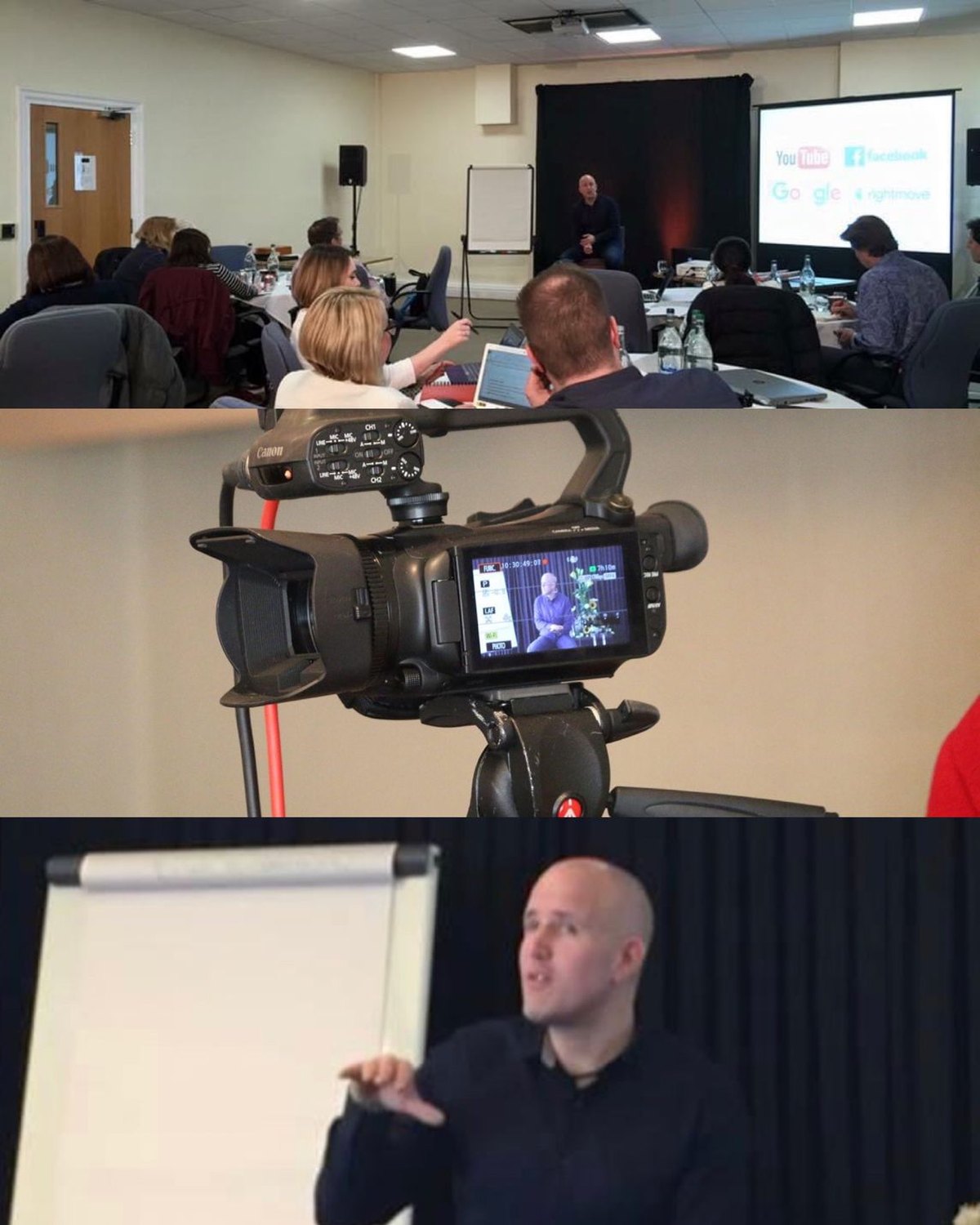 A collage from a training event: Neil Martin sitting at the front of a conference room, a video camera filming him, and Neil gesturing as he speaks